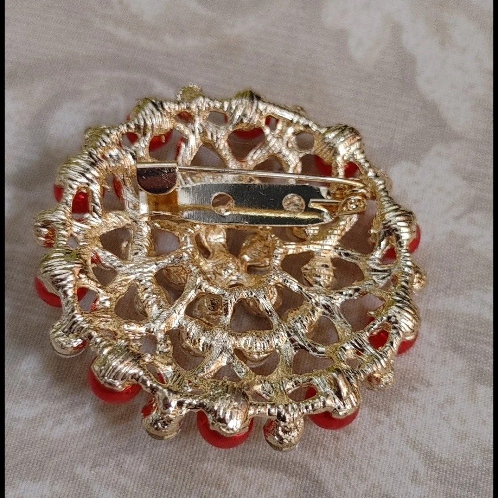 Gold Crystal & Red Bead Brooch Pin